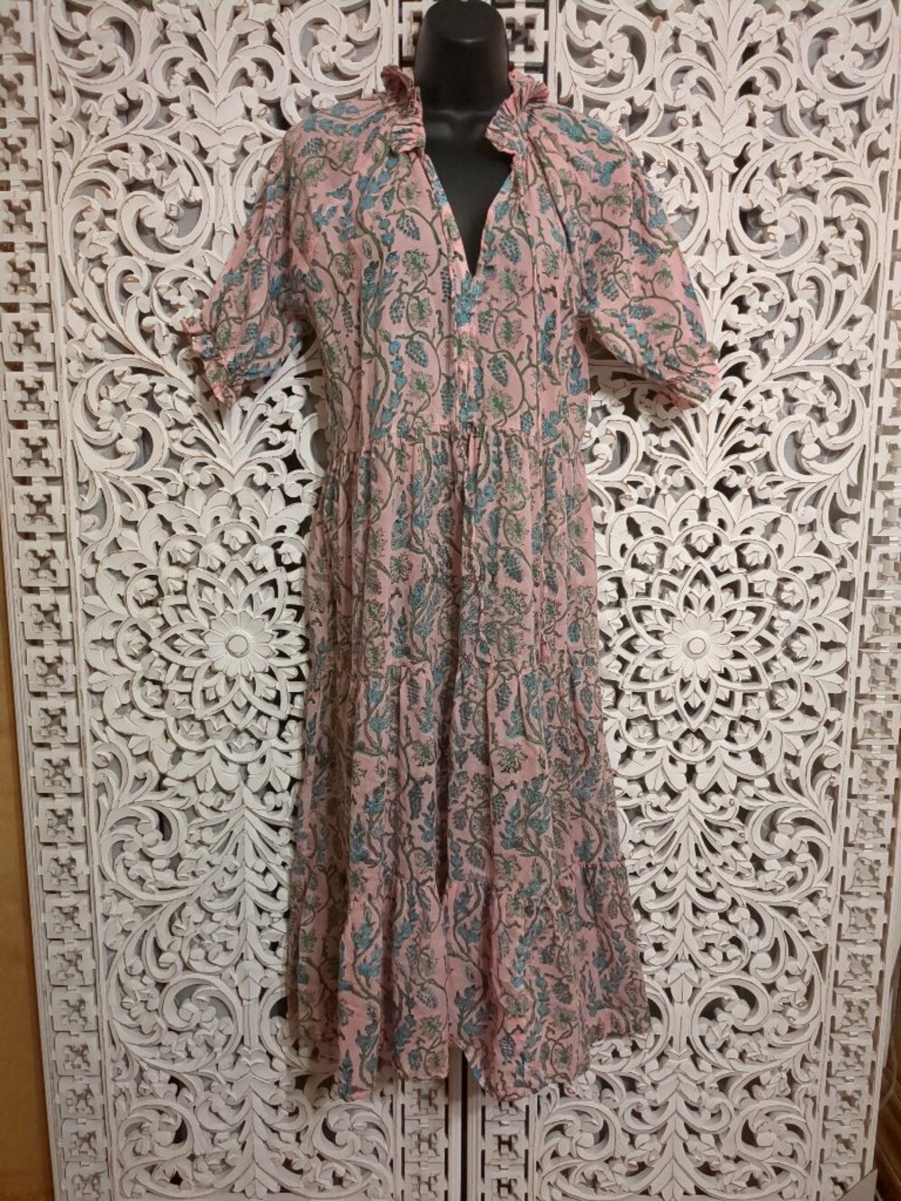 P2P21" 🌺🌸💙🌸🌺 Short Sleeve Lightweight Block Printed Midi Dress